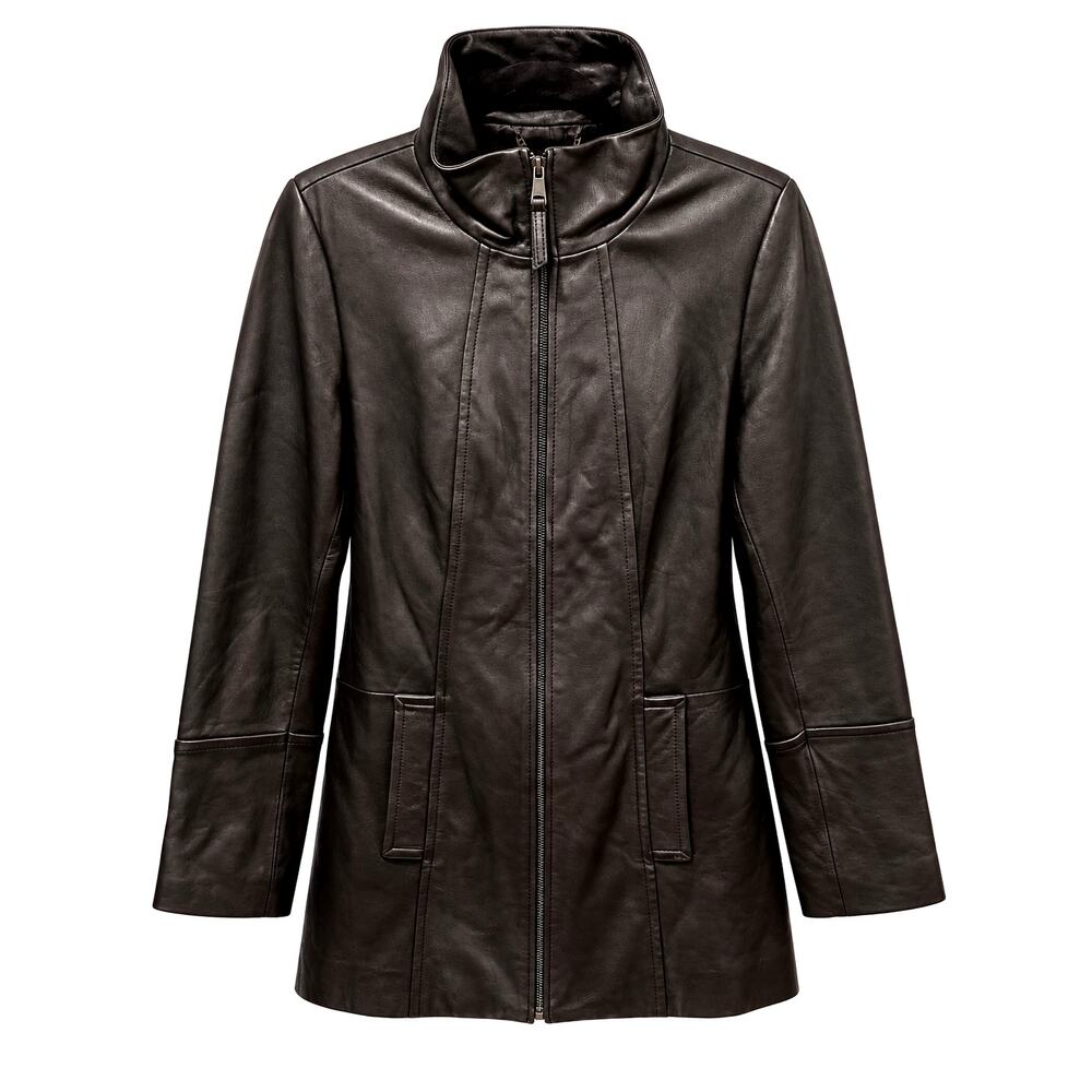 Jones New York Black Genuine Leather Jacket Size M Stand Collar Zip Front